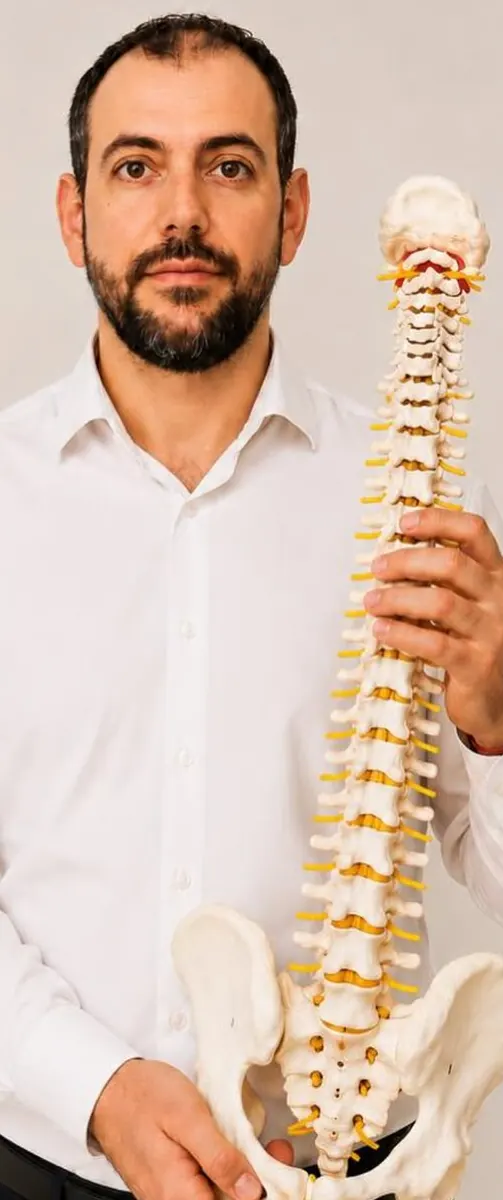 Dr. Douglas Böhler, quiropraxista em Joinville, segurando um modelo anatômico da coluna vertebral